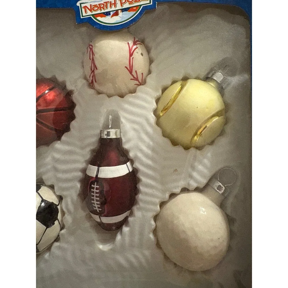 Boys Dreams North Pole 6 Hand Crafted Sports‎ Glass Ornaments Baseball Football